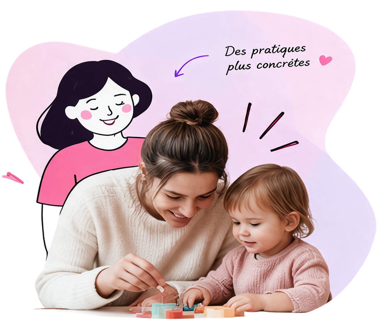 Une professionnelle de la petite enfance joue avec un jeune enfant, accompagnée d’une illustration.