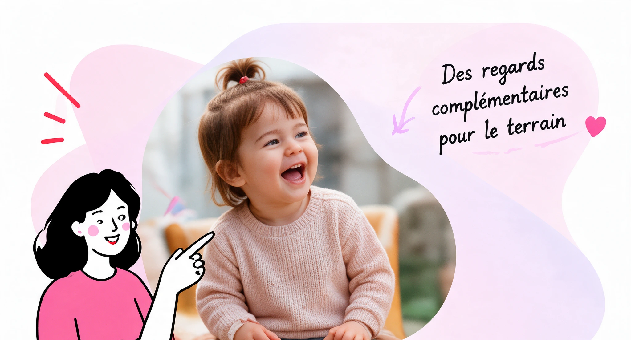 Un jeune enfant rit, à côté d’une illustration d’une professionnelle qui le désigne.