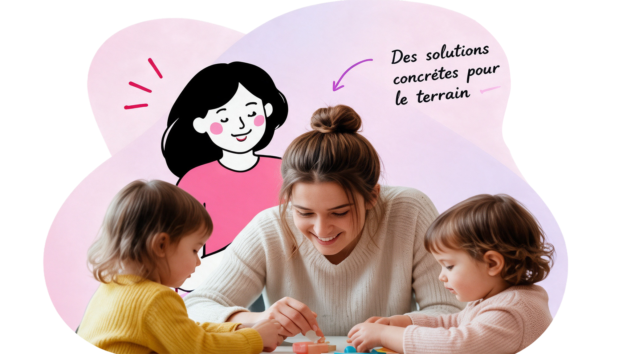Une professionnelle de la petite enfance partage une activité avec deux enfants.