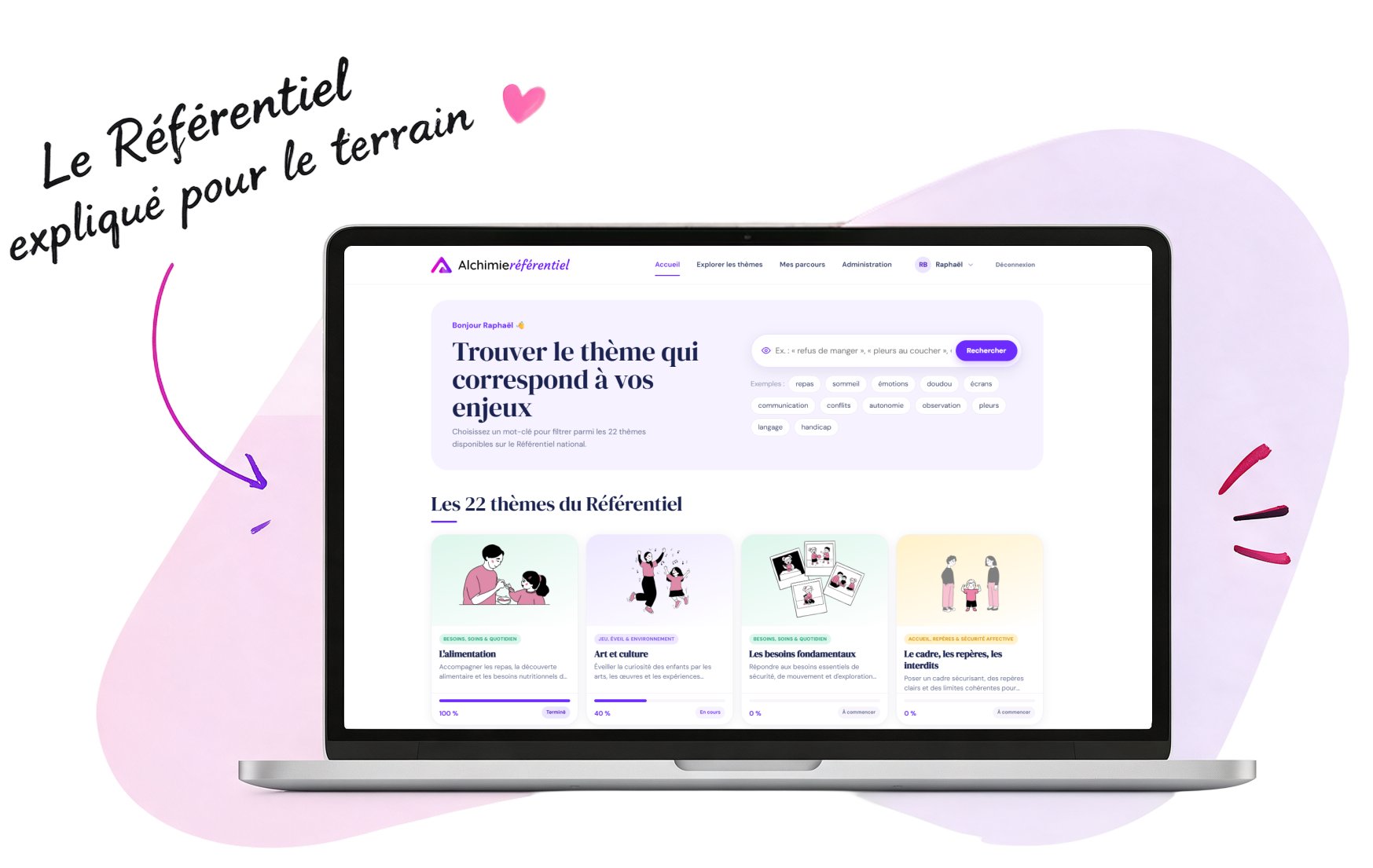 Aperçu de la plateforme Référentiel Petite Enfance sur un ordinateur portable. Annotation : le Référentiel expliqué pour le terrain.