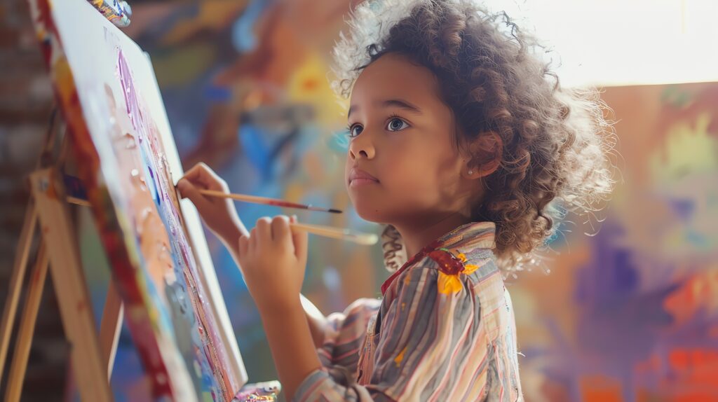 Young girl with curly hair paints on a canvas with a focused expression.