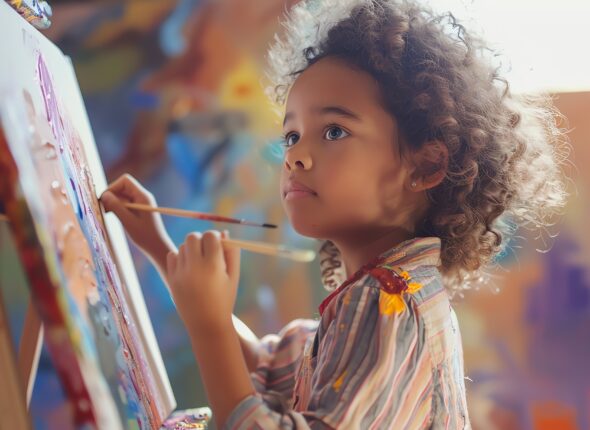 Young girl with curly hair paints on a canvas with a focused expression.